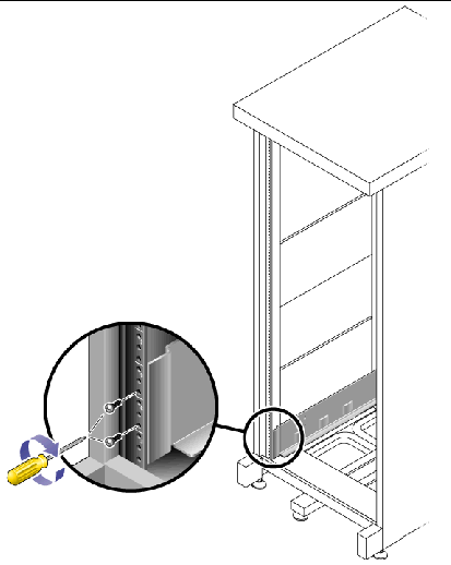 Figure showing the location of the two screws at the front of the cabinet.