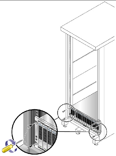 Figure showing the screws used to secure the array to the front of the Sun StorEdge cabinet.