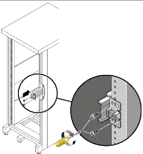 Image shows two screws attaching the front of a slide rail to the front of a rack post rail. 