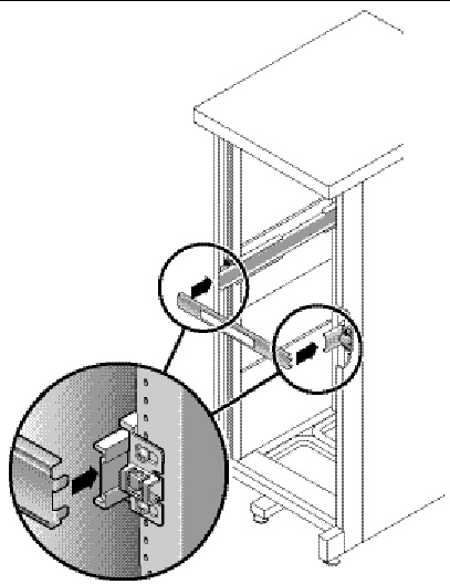 Image shows the slide rail spacing tool as it fits into slots at the ends of both slide rails