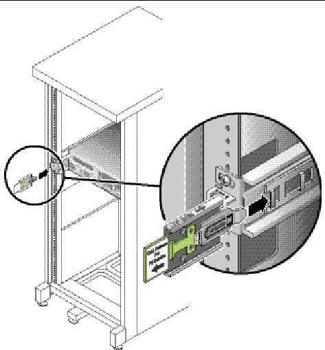 Image shows the CMA rail extension being inserted into the rear of the left sliding rail.. 
