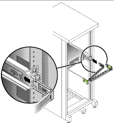Image shows the inner CMA connector being inserted into the end of the right mounting bracket