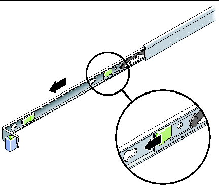 Image shows the plastic slide rail lock located in the middle of the mounting bracket. 