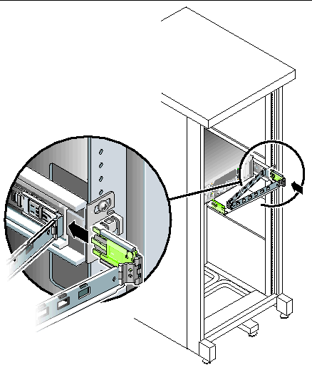 Images shows the outer CMA connector being inserted into the end of the right slide rail