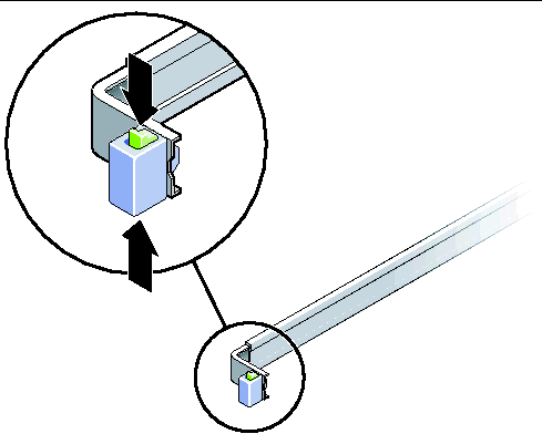 Image shows the location of the slide rail lock at the front of the mounting bracket. 