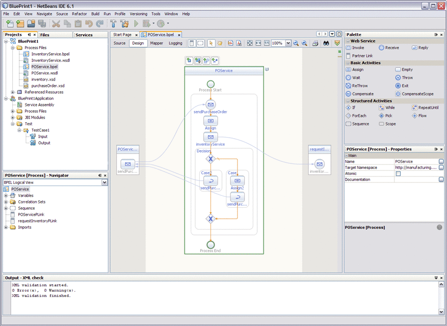 Image shows the NetBeans IDE displaying the Design view
of the BPEL Designer