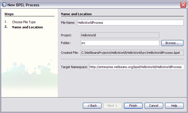 Image shows the New BPEL Process dialog box