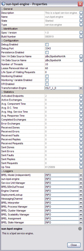 This window displays the BPEL Service Engine properties
and their default settings.