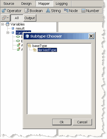 Image shows the Bpel Mapper view containing the new derived
type variable as described in context