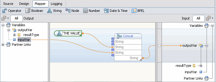 Screen capture of mapping for Assign activity with concat
XPath function