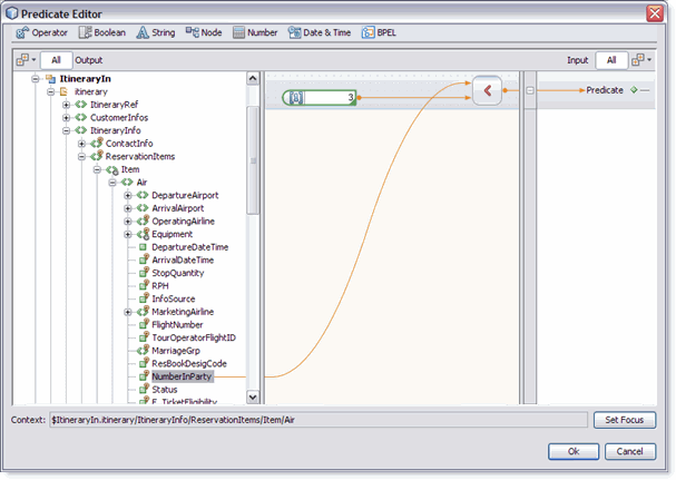 Image shows the mapping for predicate in the BPEL Mapper