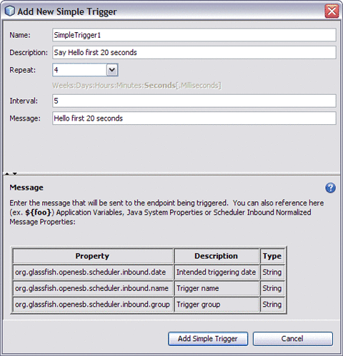 Image shows the Add New Simple Trigger dialog
box as described in context