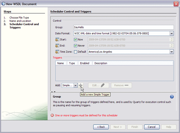 Image displays the Scheduler Control and Triggers Wizard