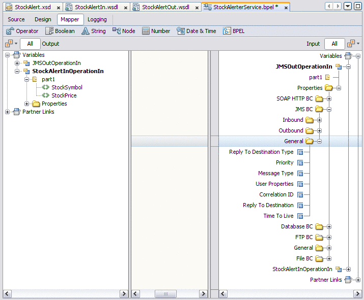 Screen capture of the BPEL Mapper with the general properties
displayed.
