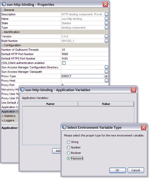 Graphic shows the HTTP Binding Component Runtime Properties
Editor and the dialog box used to set the Application Variable type.