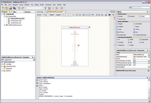 Image shows the NetBeans IDE displaying the Design view
of the BPEL Designer
