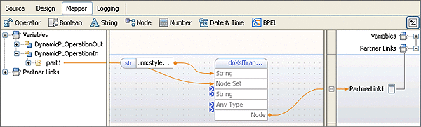 Image shows the doXSLTransform method box in the BPEL
Mapper