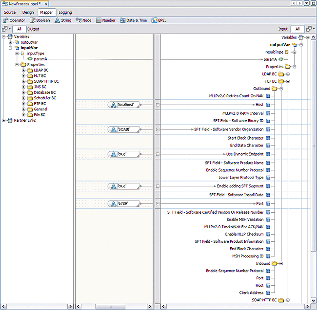 Image shows the HL7 Binding Component Normalized
Message Properties in the Designer's Mapper view