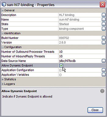 Image shows the HL7 Binding Component Runtime
Properties Editor with the Allow Dynamic Endpoint property set to
true