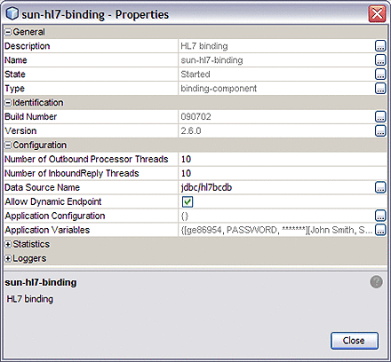 Image shows the HL7 Binding Component Properties
Editor