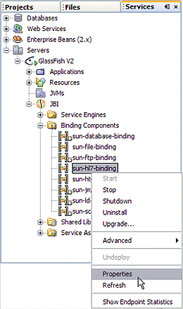 Image shows the sun-hl7-binding node in the NetBeans
Services window