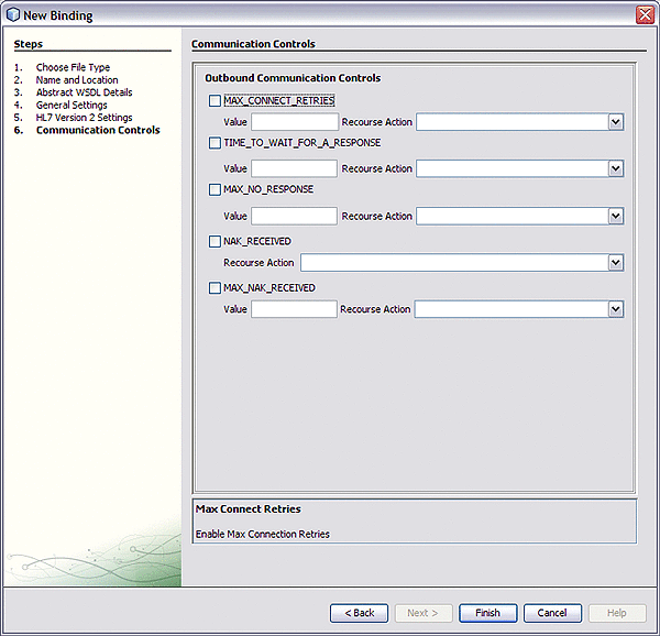 Image shows the Outbound Communication Controls
page of the HL7 Binding Wizard.