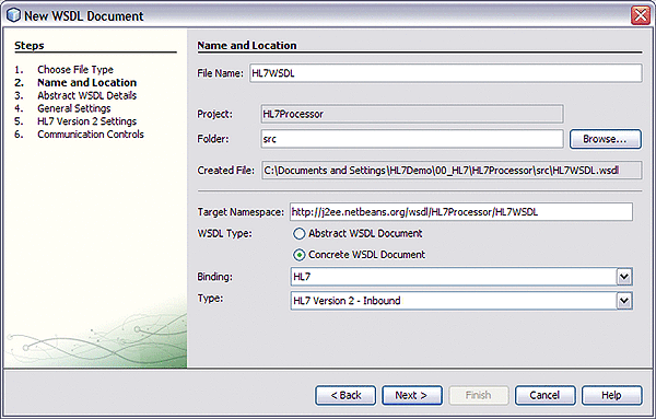 The Image shows the HL7 Binding Component Wizard.