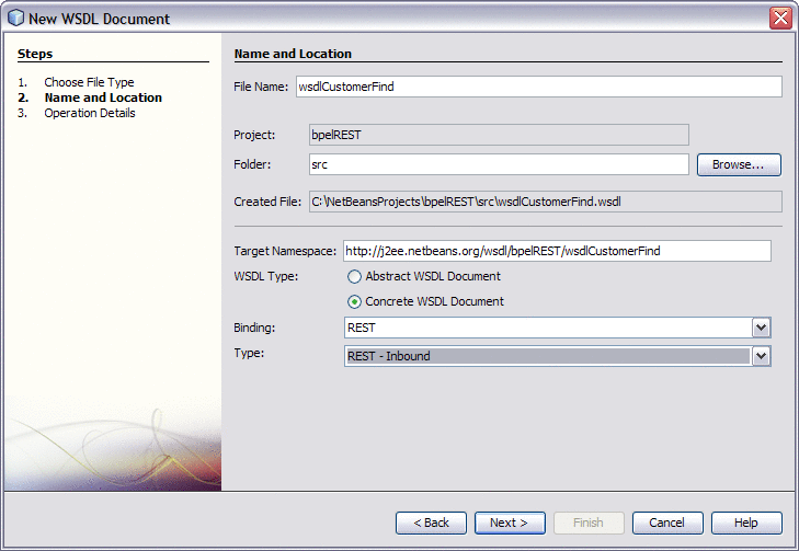 Figure shows the Name and Location window of
the WSDL wizard.