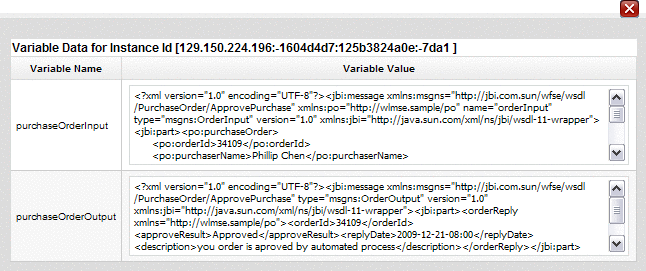Figure shows the View Variables window for a
business process instance.