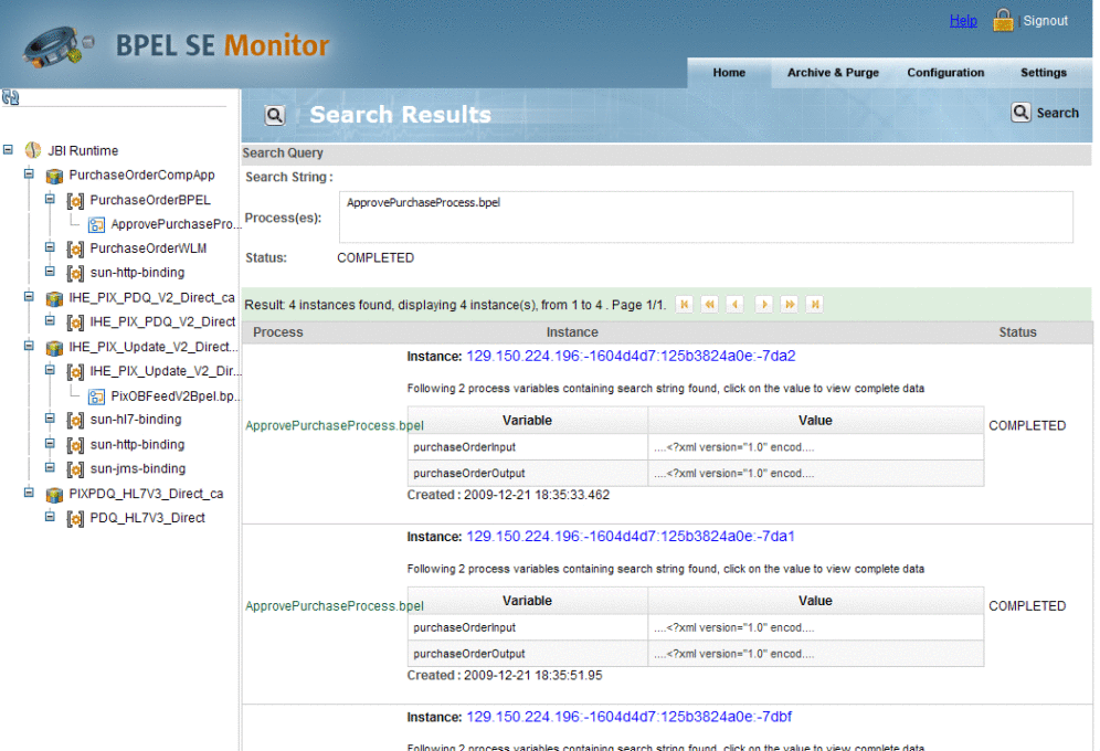 Image shows the results of a search performed
from the Search Instance window.