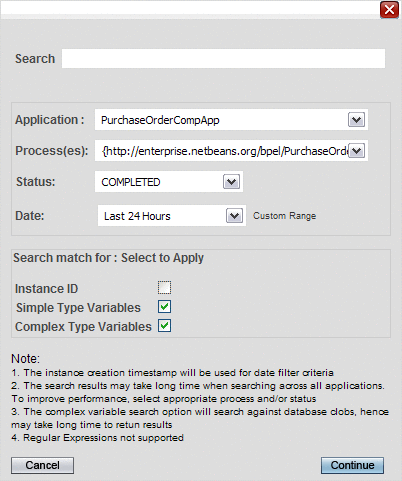 Image shows the Search Instance window