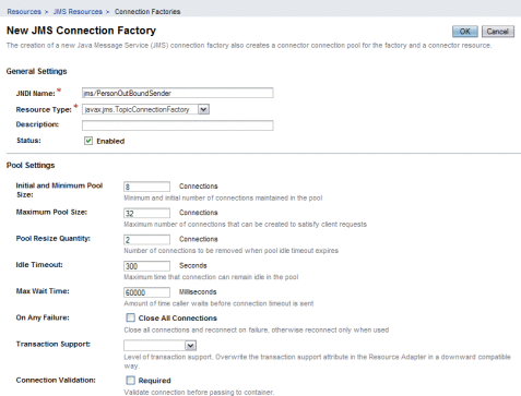 Figure shows the New JMS Connection Factory page
of the Admin Console.