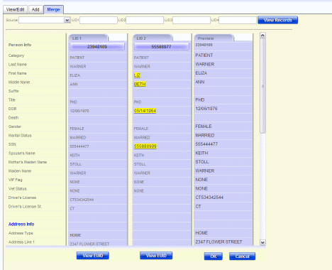 Figure shows two source records selected for
a merge along with their merge preview record.