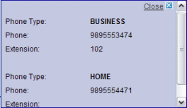 Figure shows the popup window that displays complete
telephone information for a resulting profile from a search.