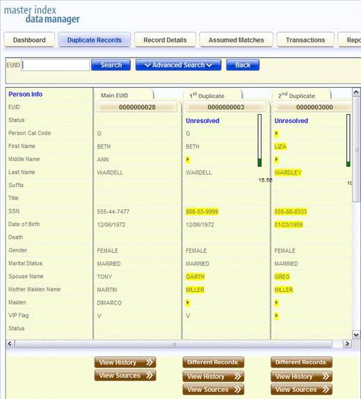 Figure shows two potential duplicate profiles displayed
in a side-by-side comparison.