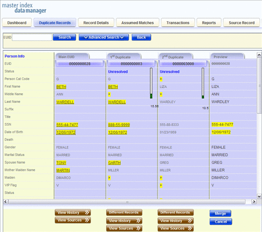Figure shows the merge preview profile for two potential
duplicate profiles.