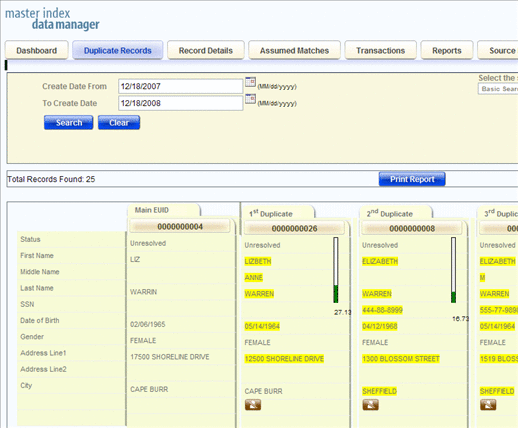 Figure shows the results of a Potential Duplicate search.