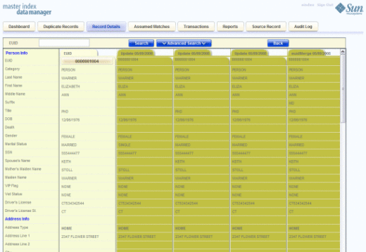 Figure shows a profile's transaction history as displayed
from the Record Details page.