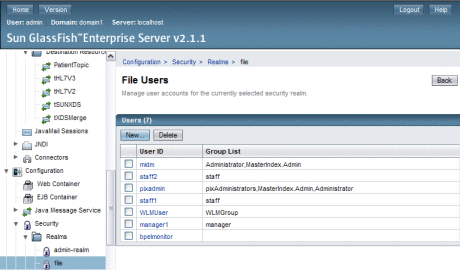 Figure shows File Realm security on the Admin
Console.
