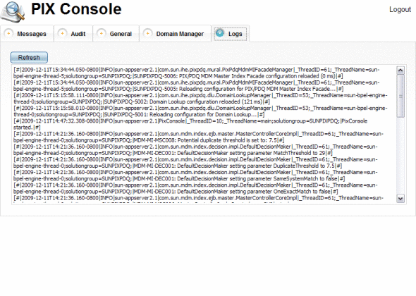 Figure shows the PIX/PDQ Manager server log.