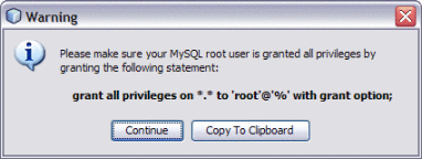 Figure shows the database root user warning dialog
box.