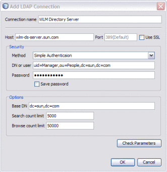 Figure shows the Add LDAP Connection dialog box
filled in.
