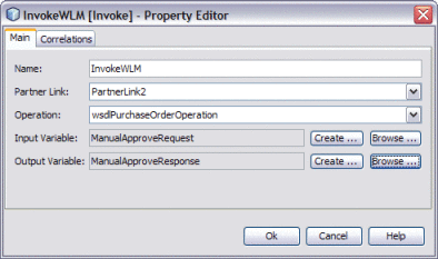 Figure shows the Property Editor for the Invoke
activity.