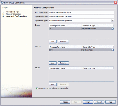 Figure shows the Abstract Configuration window
of the New WSDL Document Wizard.