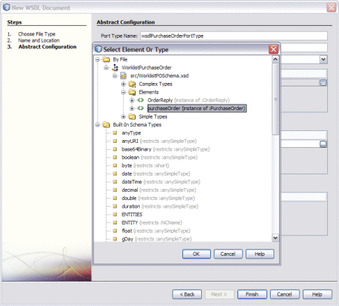 Figure shows the Select Element or Type dialog
box of the New WSDL Document Wizard.
