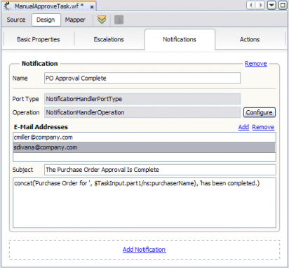 Figure shows a notification configured in the
Task Definition Editor.
