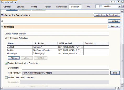 Figure shows the Security Constrains section
of web.xml.