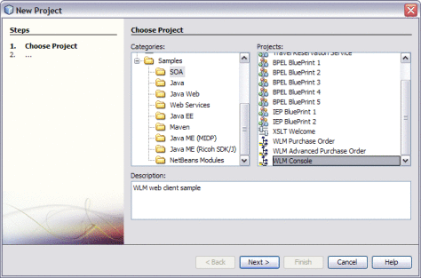 Figure shows the WLM Console sample in the New
Projects Wizard.