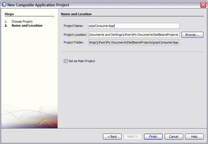 Figure shows the Name and Location window of
the New Composite Application Project Wizard.
