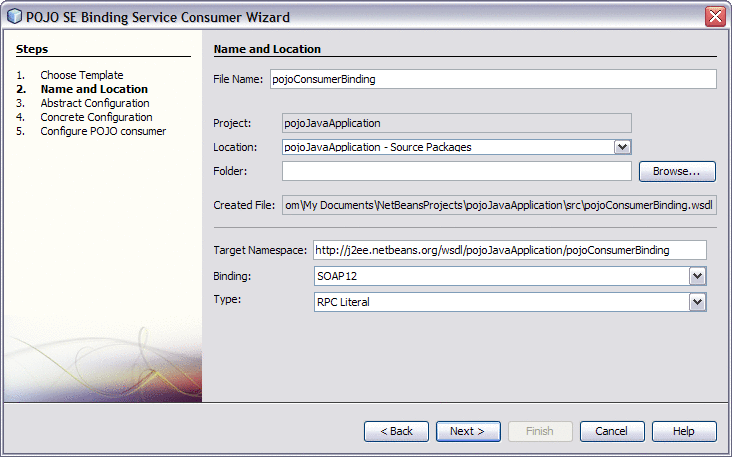 Figure shows the POJO SE Binding Service Consumer
Wizard.